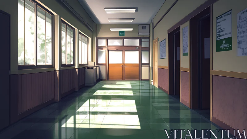 Sunlit school corridor pauses time in polished green reflections