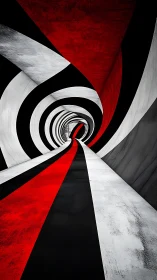Curved tunnel interior displays red, black and white spiral bands