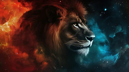 Cosmic lion drifts between ember dawn and sapphire night