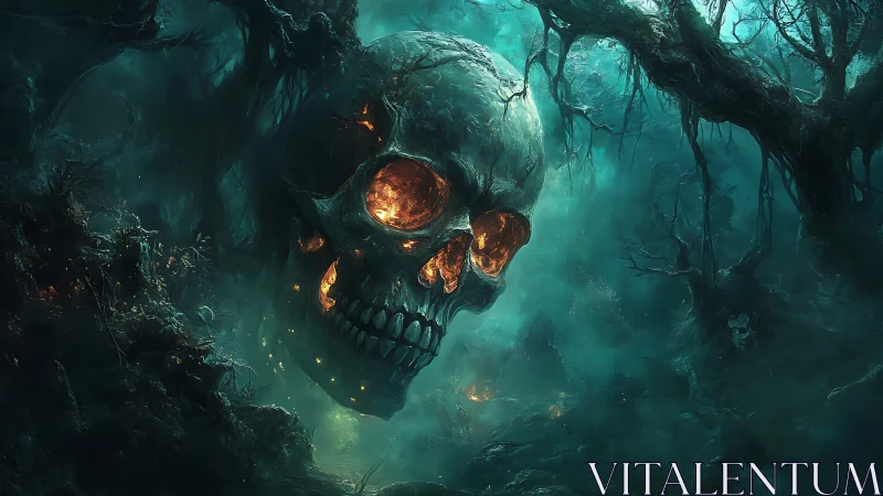 Colossal burning skull suspended in misted haunted forest.