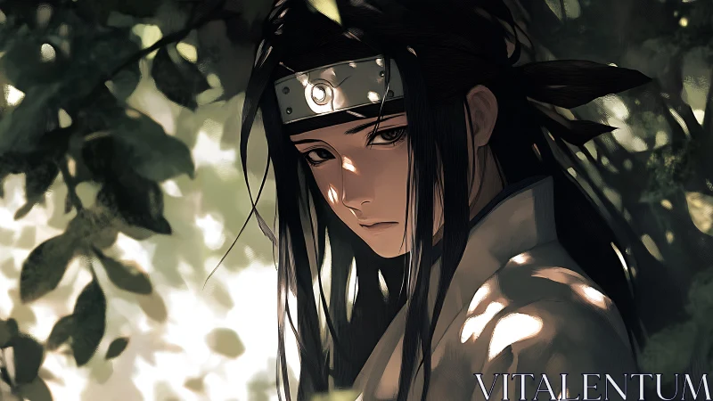 Anime portrait with dappled forest lighting and soft focus depth.