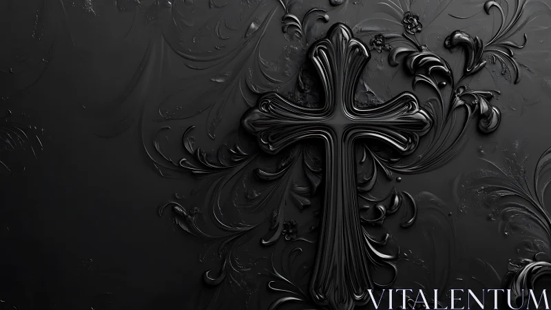 Glossy black cruciform relief with flowing baroque ornamentation.