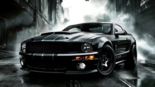 Muscle car rendered in cinematic noir rain with dramatic highlights