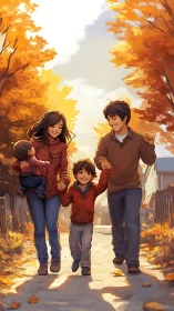 Digital painting of joyful family autumn walk composition.