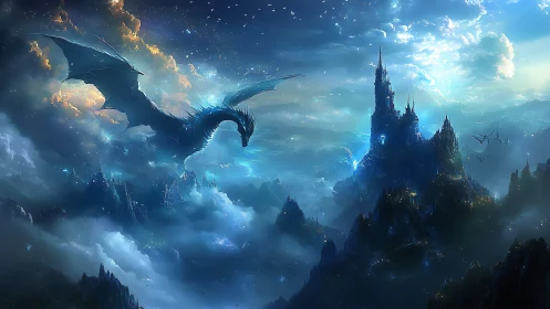 Digital painting of stormlit dragon siege on arcane mountain citadel.