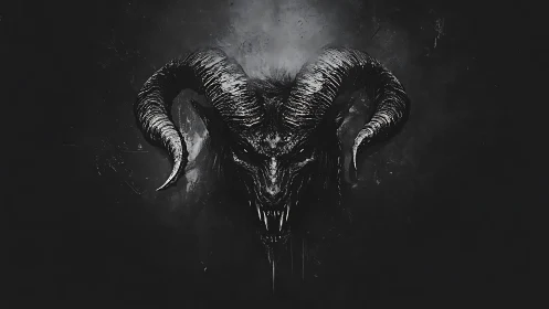 Demonic ram skull emerges from void in stark monochrome.