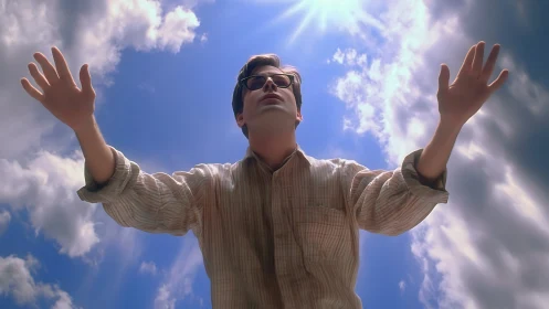 Low-angle solar backlit figure with expressive hand gesture dynamics.