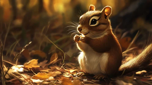 Chipmunk pauses in golden autumn forest light and quietly feeds