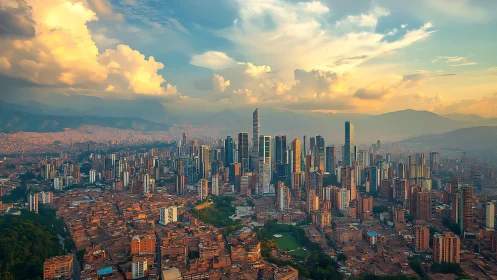 Sunlit Latin American skyline with dense urban high-rises.
