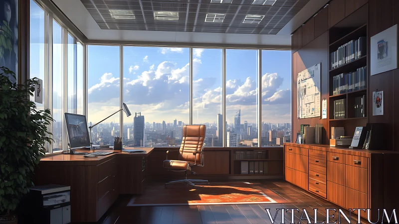 Executive corner office bathes in warm sunset skyline light.