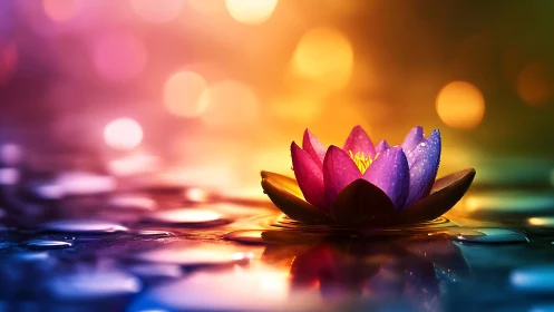 Vibrant digital lotus glowing over reflective water surface.