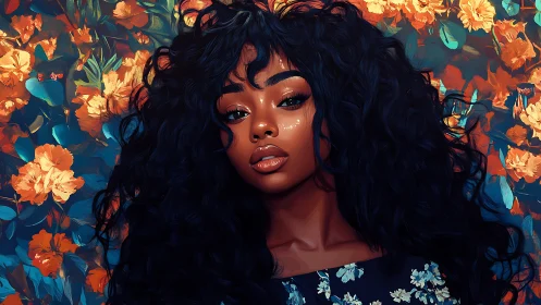 Digital portrait shows woman with curly hair before floral wall