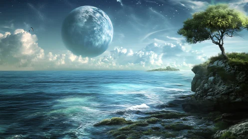 Alien World Beyond: Planet Rising Over Mystical Ocean.