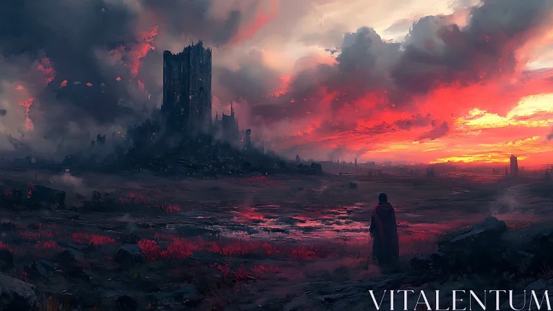 Crimson skies above a lonely wanderer and ruined fortress.