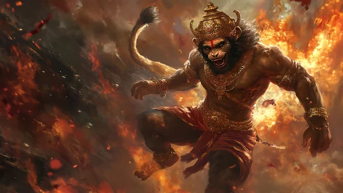 Fiery monkey warrior strides through blazing battlelight.