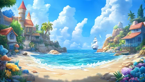 Fantastical Seaside Settlement: Turret Architecture Amid Tropical Coastal Landscape