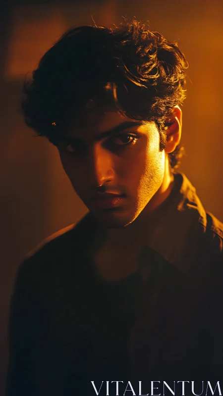 Low key portrait under tungsten rim lighting, dramatic chiaroscuro.