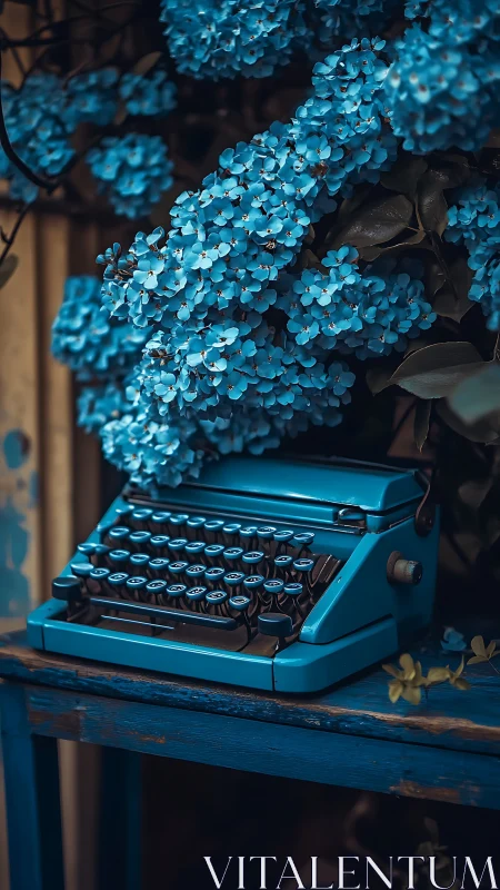 Blue typewriter is positioned beneath dense hydrangea blooms