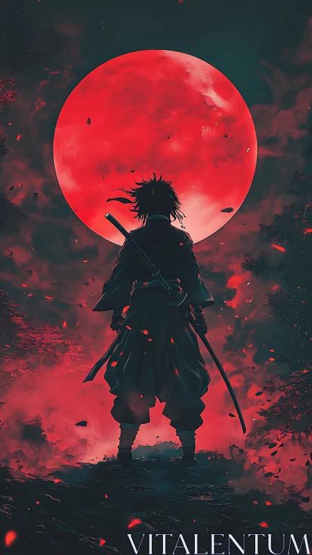 Lone samurai silhouette beneath colossal blood red moon.