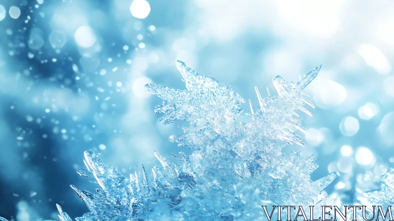 Macro crystalline ice flake with bokeh in cool blue field.