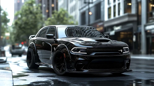 Black widebody muscle car dominates wet urban street