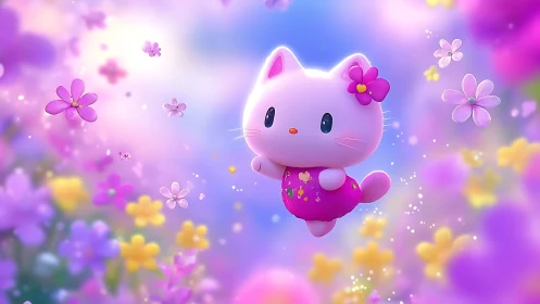 3D pastel cat character in luminous floral dreamscape.
