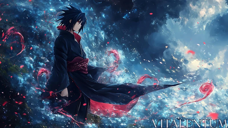 Stormlit wanderer wrapped in swirling crimson magic.