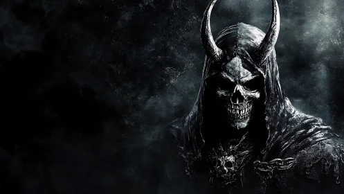 Horned skeletal reaper emerges from void in monochrome storm