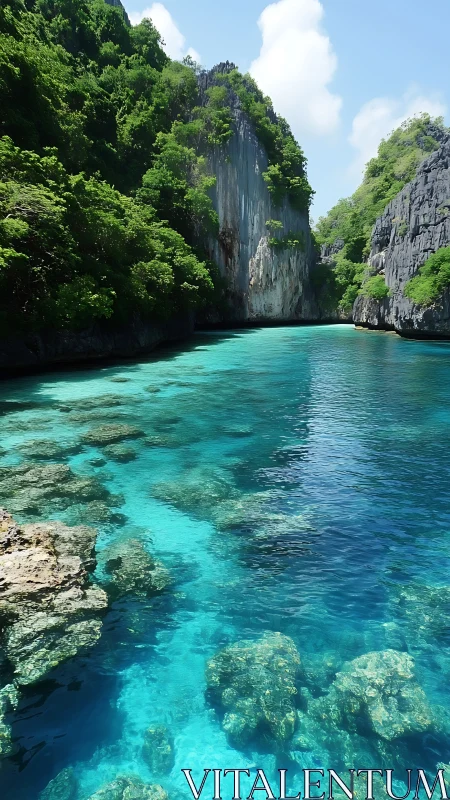 Limestone Karst Lagoon: Crystalline Waters Between Vertical Cliff Formations.