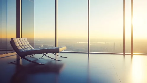 Minimalist lounge chair in glazed high-rise sunrise interior.