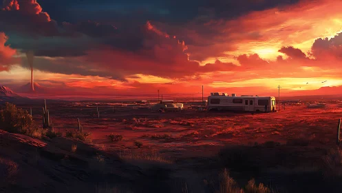 Desert sunset camp with glowing sky and quiet RV homes.