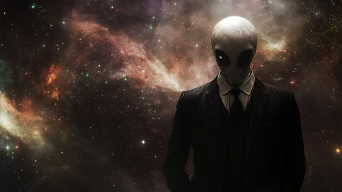 Alien figure in tailored suit stands against dense starfield