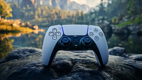 PlayStation 5 Controller on Mountain Stone with Alpine Landscape Background