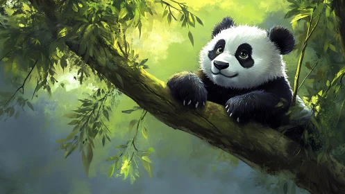 Digital painting of panda cub resting on sunlit forest branch.