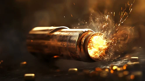 High-speed view of igniting brass bullet casing on surface.