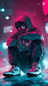 Hooded figure in neon urban scene wearing mask and sneakers.