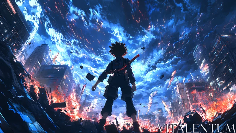 Backlit lone fighter surveys burning cybercity under turbulent sky