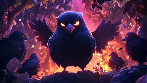 Glowing eyed crow leader commands flock in neon forest.