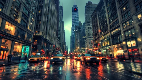 Rainy city avenue glowing with cozy evening taxi lights.