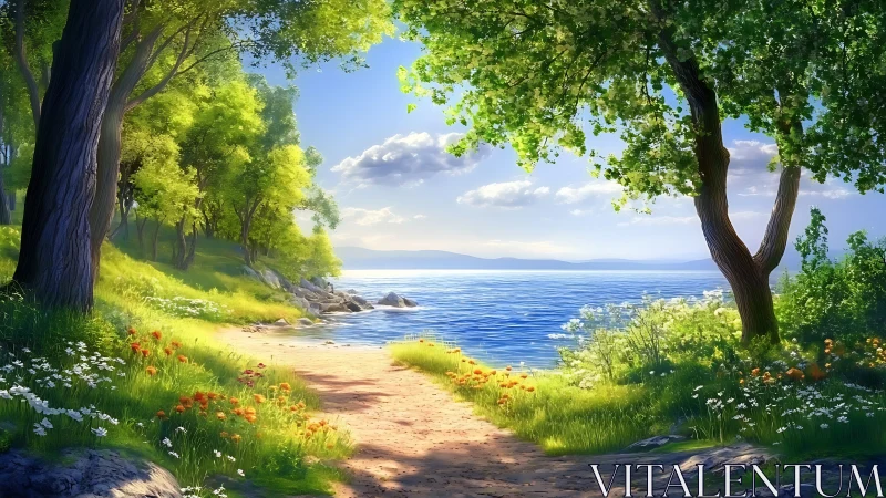 Sunlit forest path opening onto a calm, sparkling lake shore.