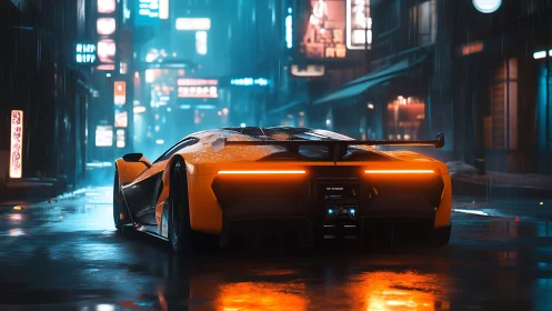 Orange hypercar glows through neon rain-soaked city streets.