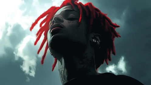 Red dreadlocks carve electric silhouettes against stormclouds