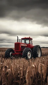 Crimson tractor stands tall in storm-lit autumn cornfield.