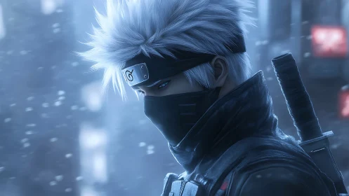 Snowlit masked ninja portrait with silver hair and katana sheath