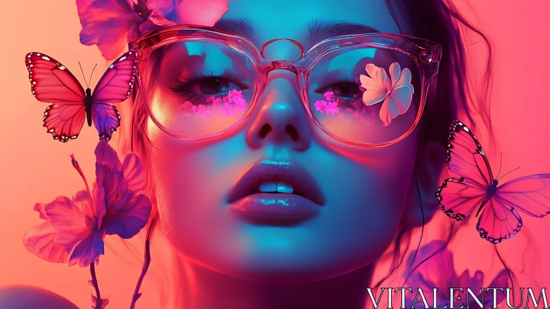 Neon daydream muse crowned with butterflies and glassy blooms.