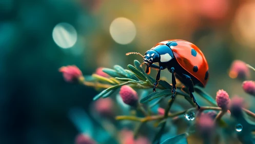 Macro ladybug on dewy foliage with shallow depth of field