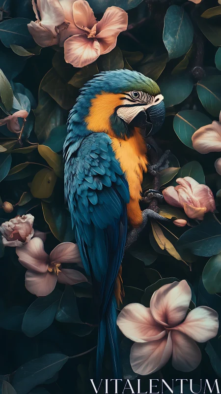 Colorful macaw resting softly among dreamy garden blooms.