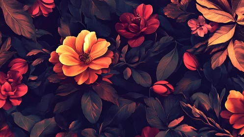 Vibrant Orange Blooms Against Dark Foliage and Deep Red Flowers