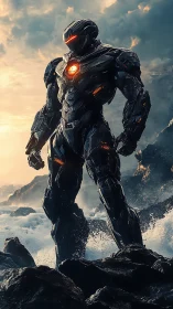 Titan mecha guardian in stormlit coastal battlefield panorama.