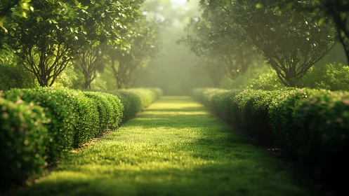Symmetrical garden path with trimmed hedges and trees in light